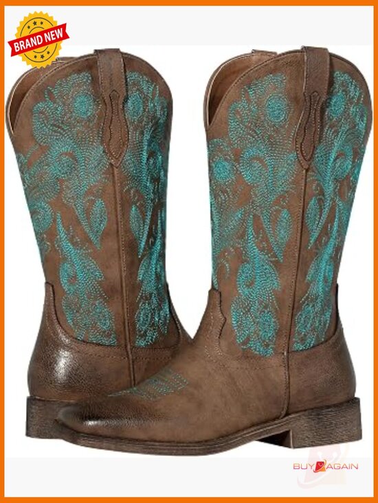 Shoes - Women's Square Toe Western Boots with Flower Embroidery